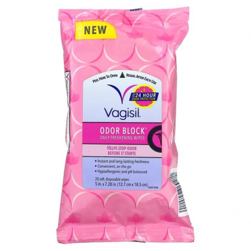 Vagisil, Odor Block Daily Freshening Wipes, 20 Soft, Disposable Wipes, 5 in x 7.28 in