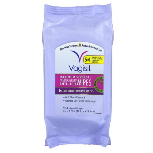 Vagisil, 약물 성분 함유 가려움증 방지 물티슈, 맥시멈 스트렝스, 부드러운 일회용 물티슈 20장, 5 x 7.28인치