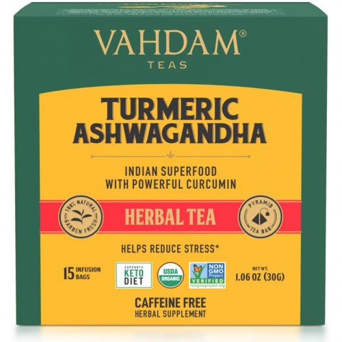 Vahdam Teas, 허브 티, 강황 아슈와간다, 카페인 무함유, 티백 15개, 30g(1.06oz)