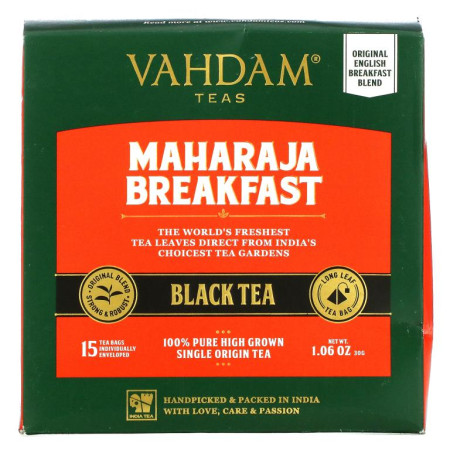 Vahdam Teas, Maharaja 블랙퍼스트 홍차, 티백 15개입, 30g(1.06oz)