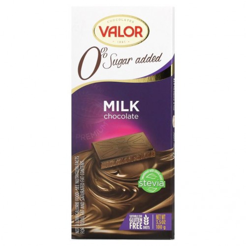 Valor, 밀크 초콜릿 바, 스테비아 함유, 첨가된 설탕 0%, 100g(3.5oz)