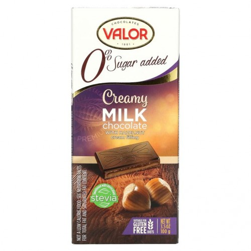Valor, 무설탕, 헤이즐넛 크림을 채운 부드러운 밀크 초콜릿, 100g(3.5oz)