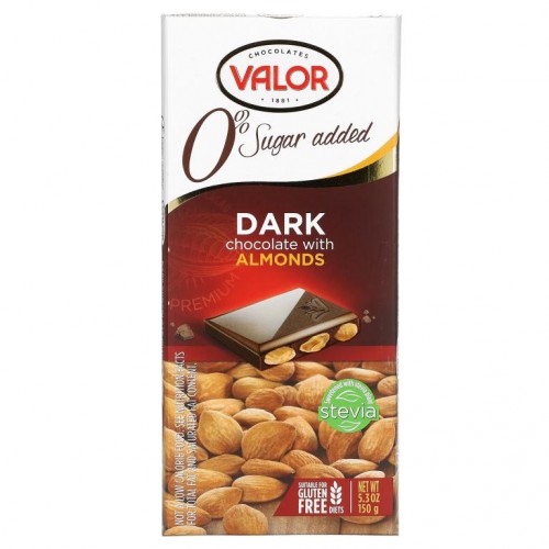Valor, 설탕 첨가 0%, 다크 초콜릿, 52% 코코아(아몬드 함유), 150g(5.3oz)