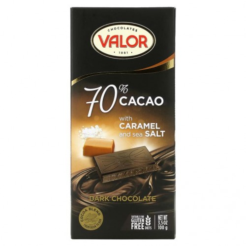Valor, 캐러멜 및 천일염 함유 다크 초콜릿, 카카오 70%, 100g(3.5oz)