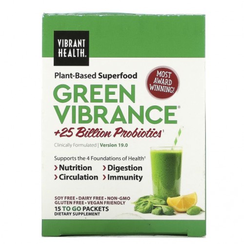 Vibrant Health, Green Vibrance +250억 프로바이오틱, 버전 19.0, 15팩, 168.9g(5.96oz)
