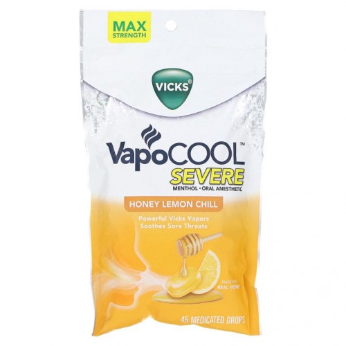 Vicks, VapoCool, 시비어, 허니 레몬 칠, 약용 캔디 45개