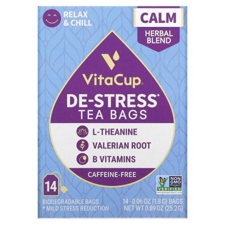 VitaCup, De-Stress Tea, Caffeine-Free, 14 Bags, 0.06 oz (1.8 g) Each