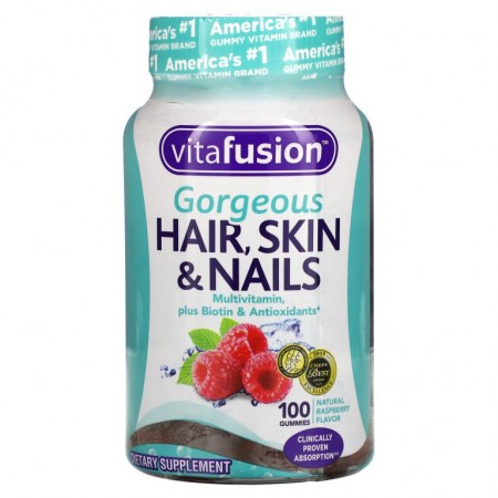 VitaFusion, 골저스 헤어, 스킨 & 네일 멀티비타민, 천연 라즈베리 맛, 100 구미
