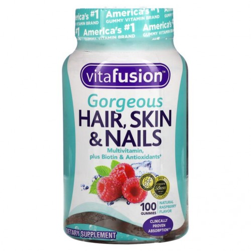 VitaFusion, 골저스 헤어, 스킨 & 네일 멀티비타민, 천연 라즈베리 맛, 100 구미