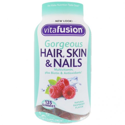 VitaFusion, 아름다운 모발, 피부 & 손발톱을 위한 종합 비타민, 천연 라즈베리 맛, 135 거미 정