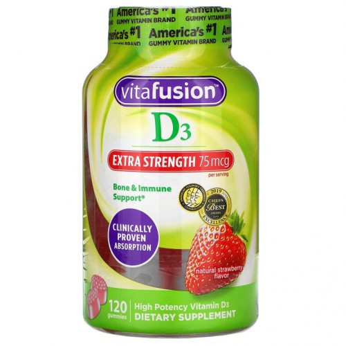 VitaFusion, 엑스트라 스트렝스 D3, 골격 및 면역 강화, 천연 딸기 향, 37.5 mcg, 구미젤리 120개
