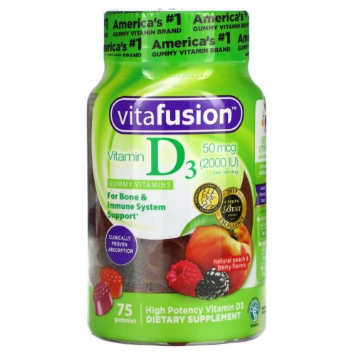 VitaFusion, 비타민D3, 천연 복숭아 & 베리, 50mcg(2,000IU), 구미젤리 75개