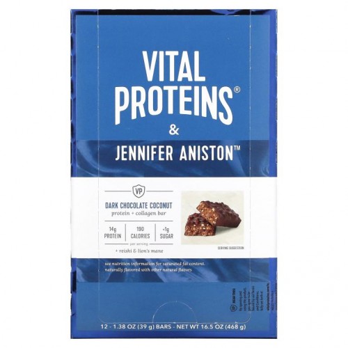 Vital Proteins, 단백질 + 콜라겐 바, 다크 초콜릿 코코넛, 12개입, 각 39g (1.38oz)