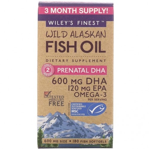 Wiley's Finest, 야생 알래스카 피쉬 오일, 임산부용 DHA, 600mg, 피쉬 소프트젤 180정