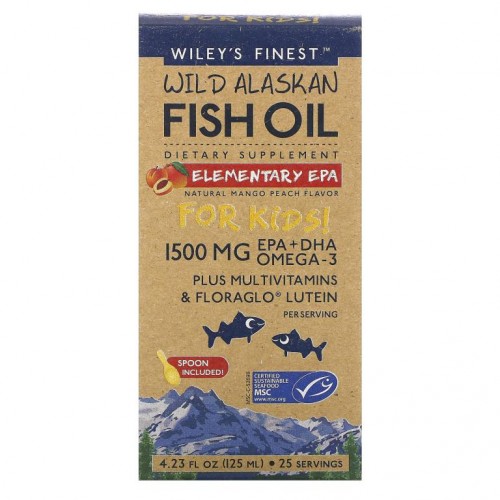 Wiley's Finest, 어린이용 알래스카 야생 피쉬 오일, Elementary EPA, 천연 망고 복숭아 맛, 1,500mg, 125ml(4.23fl oz)