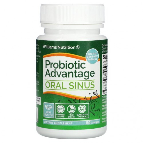 Williams Nutrition, Probiotic Advantage, 구강 부비강 건강, 천연 시나몬 향, 사탕 정제 50정