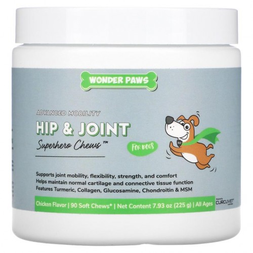 Wonder Paws, 어드밴스드 모빌리티, 엉덩이 & 관절, Superhero Chews, 반려견용, 모든 연령, 닭고기, 소프트 츄 90개, 225g(7.93oz)