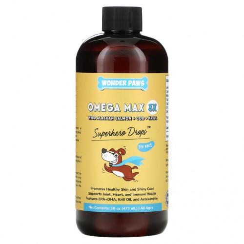 Wonder Paws, Superhero Drops For Dogs, Omega Max 3X, Wild Alaskan Salmon + COD + Krill, All Ages, 16 oz (473 ml)