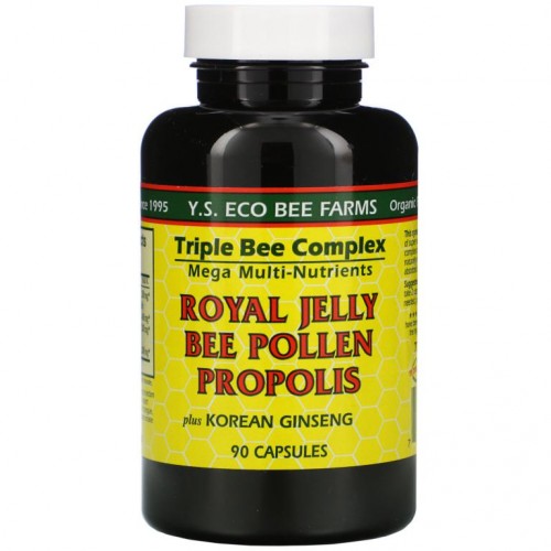 Y.S. Eco Bee Farms, 로열젤리, 벌 꽃가루, 프로폴리스, 한국 인삼 함유, 캡슐 90정