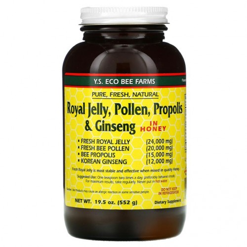 Y.S. Eco Bee Farms, 꿀에 든 로열젤리, 꽃가루, 프로폴리스 및 인삼 552g(19.5oz)