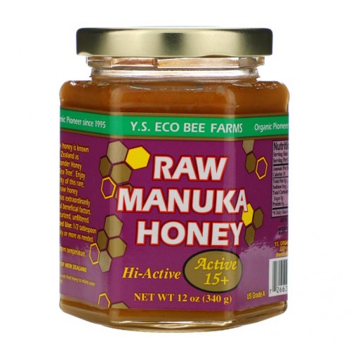 Y.S. Eco Bee Farms, 생 마누카 꿀, 항균 활성 15+, 340 g(12 oz)