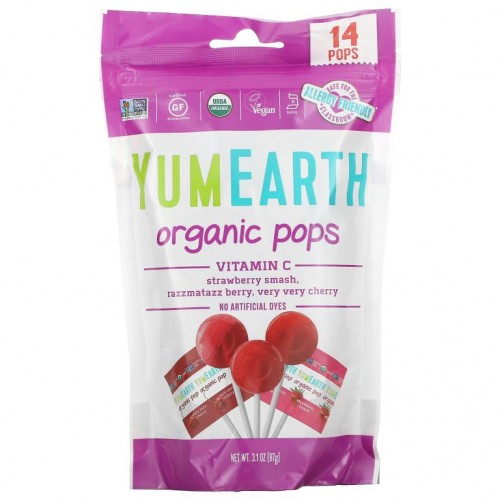 YumEarth, 유기농 막대사탕, 비타민C, 딸기 스매쉬 맛, 래즈머태즈 베리 맛, 베리 베리 체리 맛, 14개입, 87g (3.1 oz)