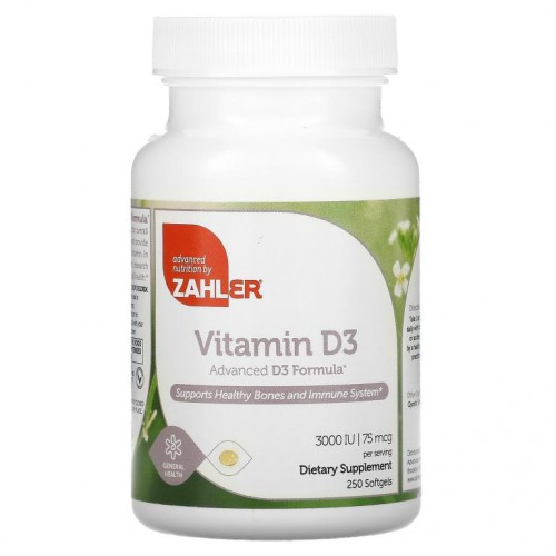 Zahler, 비타민D3, 고급 D3 포뮬라, 75mcg(3,000IU), 소프트젤 250정