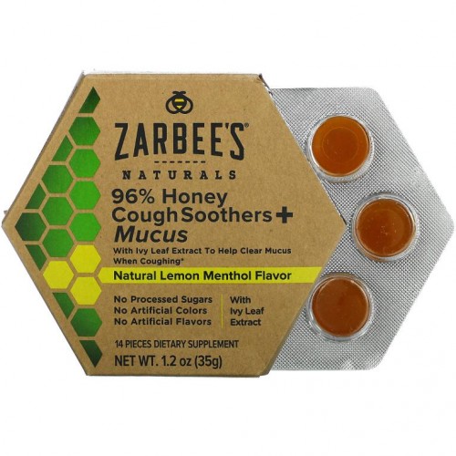 Zarbee's, 96% 꿀 함유 기침 및 콧물 완화제, 천연 레몬 멘톨, 14개