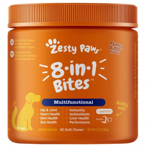 Zesty Paws, 코어 엘리먼트, 8-in-1 Bites 반려견용, 다기능성, 전 연령대, 피넛버터, 소프트 츄 90개