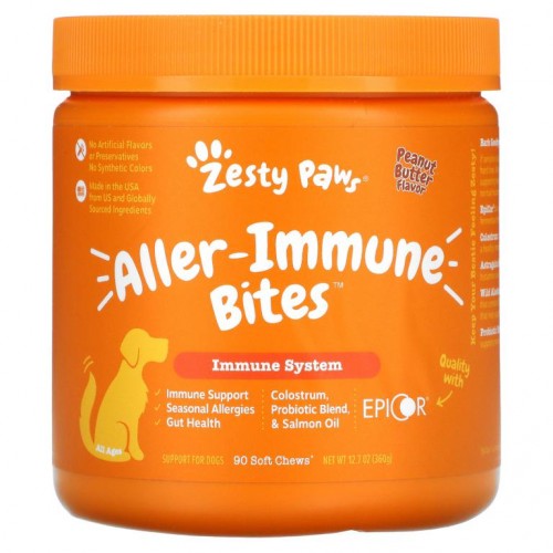 Zesty Paws, 반려견용 Aller-Immune Bites, 전 연령, 땅콩 버터 맛, 소프트 츄 90정