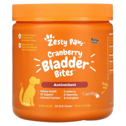 Zesty Paws, 반려견용 Cranberry Bladder Bites, 항산화제, 모든 연령, 베이컨 맛, 소프트 츄 90정