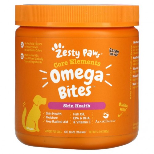 Zesty Paws, 반려견용 Omega Bites, 피부 & 털, 모든 연령에 적합, 베이컨 맛, 소프트츄 90개