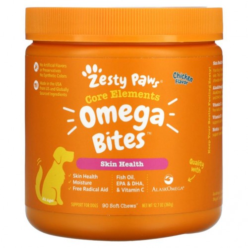 Zesty Paws, 반려견용 Omega Bites, 피부 & 모질, 모든 연령에 적합, 닭고기 향미료, 소프트 츄 90정