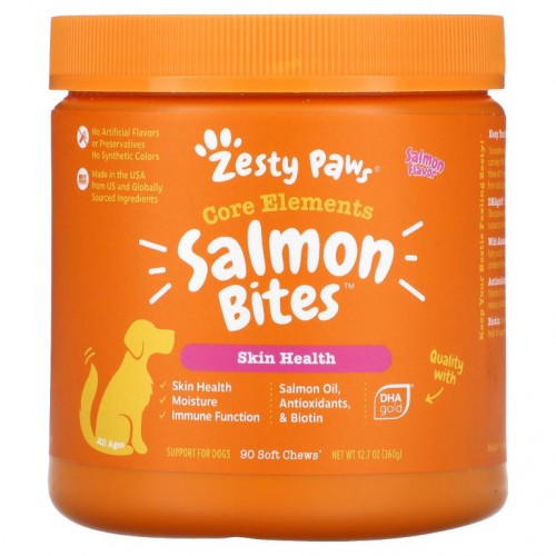 Zesty Paws, 반려견용 Salmon Bites, 피부 & 털가죽, 모든 연령에 적합, 연어 맛, 소프트츄 90개