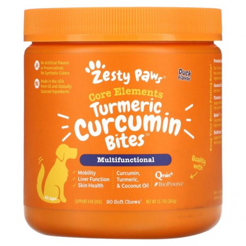 Zesty Paws, 반려견용 Turmeric, Curcumin Bites, 전 연령, 오리고기 향미료, 소프트 츄 90정