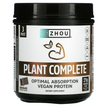 Zhou Nutrition, 플랜트 컴플리트, 뛰어난 흡수성의 비건 단백질, 초콜릿 맛, 563.2g(19.9oz)