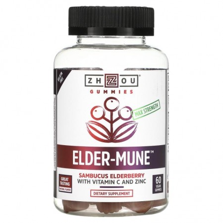 Zhou Nutrition, 최대 강도 Elder-Mune, 삼부커스 엘더베리, 비건 구미젤리 60개