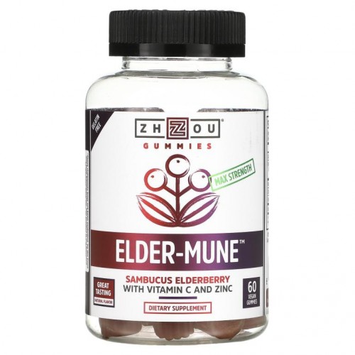 Zhou Nutrition, 최대 강도 Elder-Mune, 삼부커스 엘더베리, 비건 구미젤리 60개