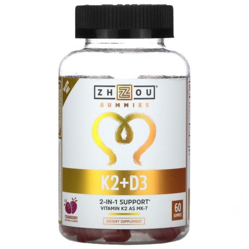 Zhou Nutrition, K2 + D3, 딸기, 구미젤리 60개