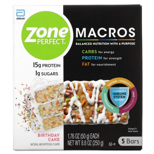 ZonePerfect, MACROS Bars, Birthday Cake, 5 Bars, 1.76 oz (50 g) Each