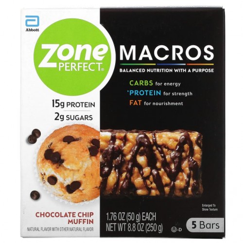 ZonePerfect, MACROS Bars, Chocolate Chip Muffin, 5 Bars, 1.76 oz (50 g) Each