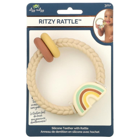 itzy ritzy, Ritzy Rattle, 실리콘으로 만든 딸랑이 치발기, 3개월 이상, 뉴트럴 레인보우, 1개