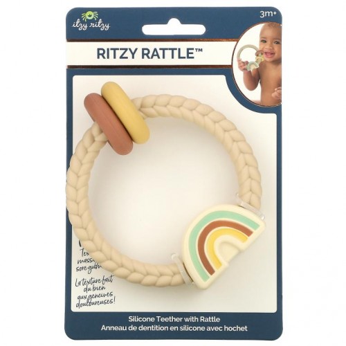 itzy ritzy, Ritzy Rattle, 실리콘으로 만든 딸랑이 치발기, 3개월 이상, 뉴트럴 레인보우, 1개