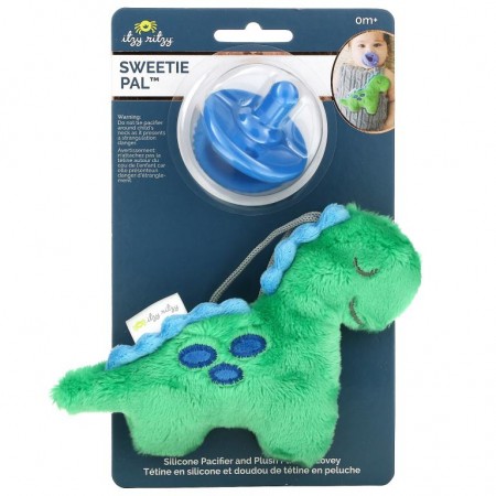 itzy ritzy, Sweetie Pal, Silicone Pacifier and Plush Lovey, 0+ Months, Dino, 2 Piece Set
