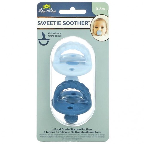 itzy ritzy, Sweetie Soother, 식품 등급 실리콘 젖꼭지, 0-6개월, 스카이 & 서프 브레이드, 2개
