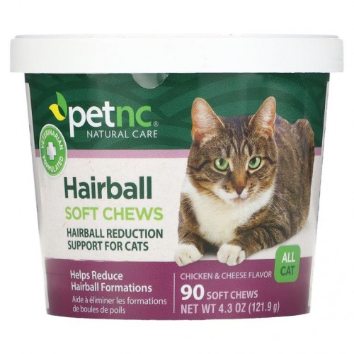 petnc NATURAL CARE, 헤어볼 소프트 츄, 모든 고양이 사용 가능, 치킨 & 치즈 맛, 소프트 츄 90정